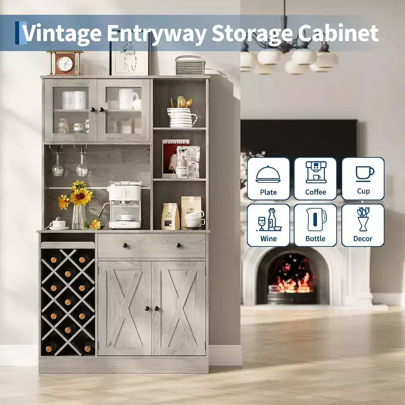 Mobile bar da caffè con raffinate ante scorrevoli in stile fienile, credenza buffet con portabottiglie, mobile contenitore per cucina, sala da pranzo