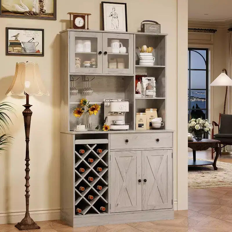 Coffee Bar Cabinet with Exquisite Barn Doors, Sideboard Buffet Cabinet with Wine Bottle Rack, Storage Cabinet for Kitchen,Dining Room