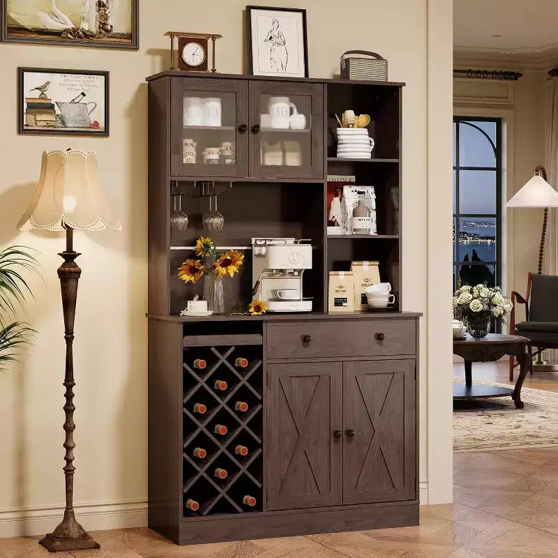 Mobile bar da caffè con raffinate ante scorrevoli in stile fienile, credenza buffet con portabottiglie, mobile contenitore per cucina, sala da pranzo