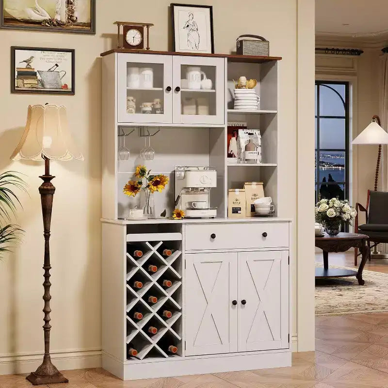 Mobile bar da caffè con raffinate ante scorrevoli in stile fienile, credenza buffet con portabottiglie, mobile contenitore per cucina, sala da pranzo