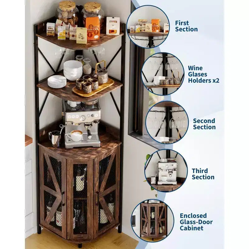Meuble d'angle de bar avec lumières LED, meuble d'angle avec prise, espace de rangement et casier à vin amovible, meuble à café de style ferme pour salle à manger