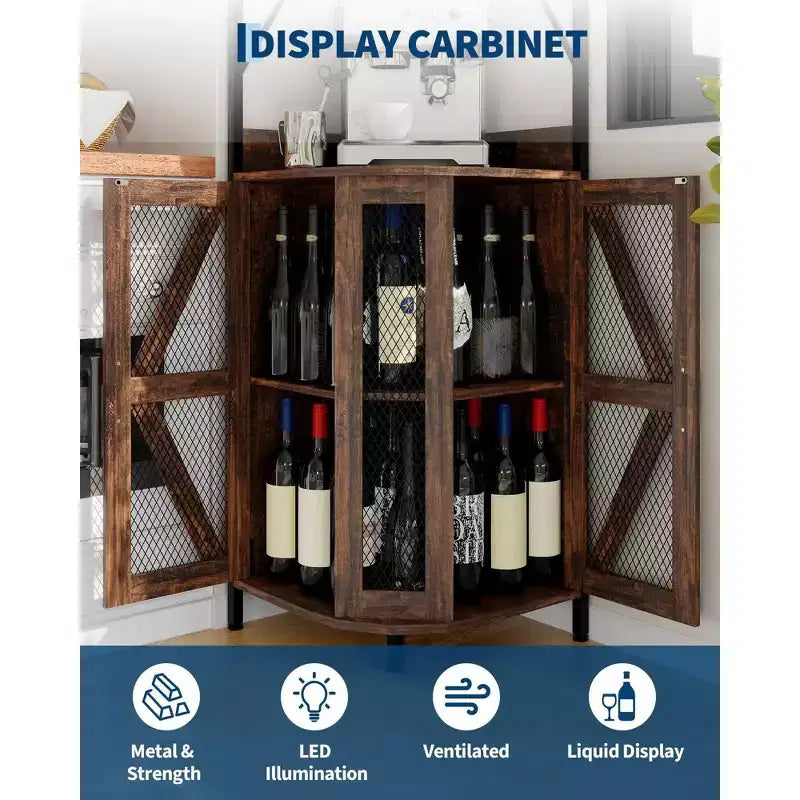 Meuble d'angle de bar avec lumières LED, meuble d'angle avec prise, espace de rangement et casier à vin amovible, meuble à café de style ferme pour salle à manger