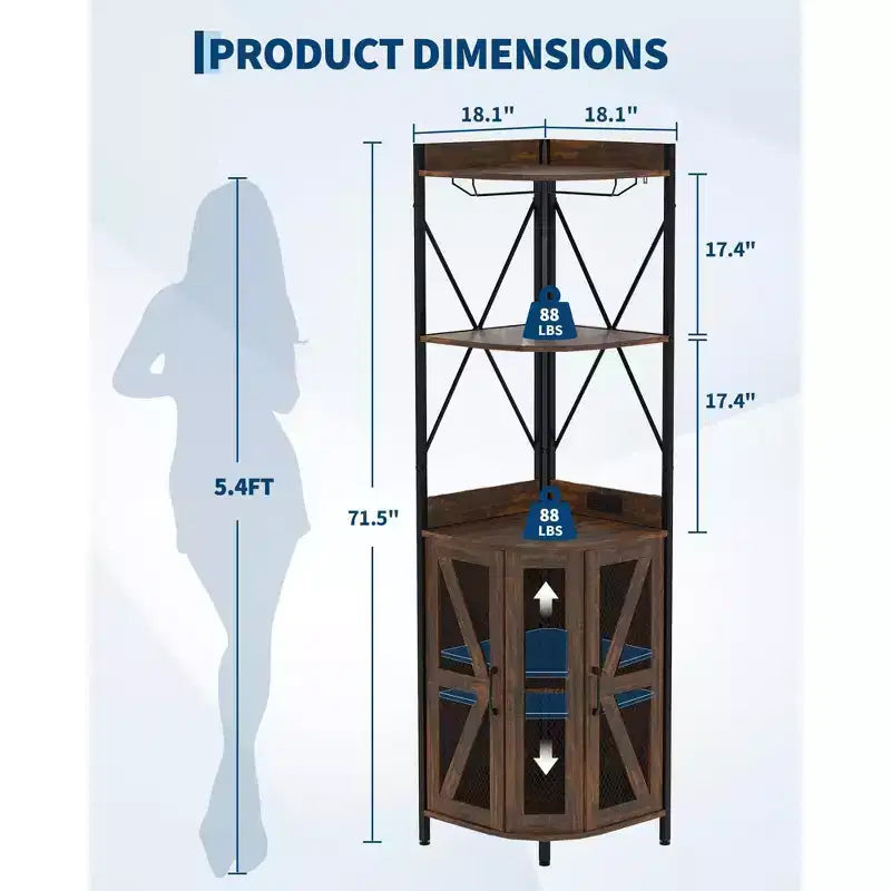 Meuble d'angle de bar avec lumières LED, meuble d'angle avec prise, espace de rangement et casier à vin amovible, meuble à café de style ferme pour salle à manger