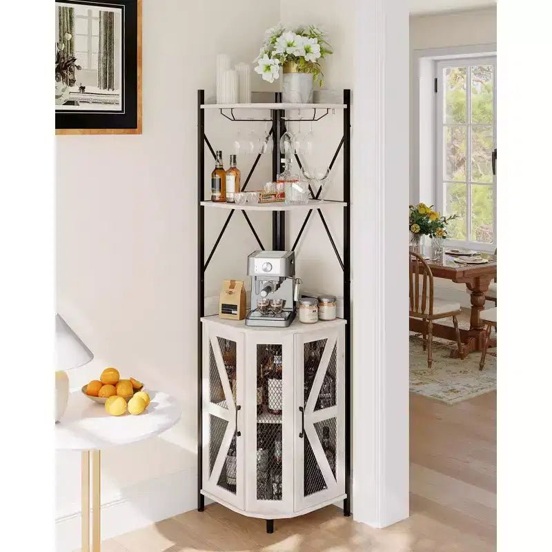 Meuble d'angle de bar avec lumières LED, meuble d'angle avec prise, espace de rangement et casier à vin amovible, meuble à café de style ferme pour salle à manger