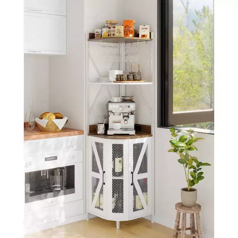 Meuble d'angle de bar avec lumières LED, meuble d'angle avec prise, espace de rangement et casier à vin amovible, meuble à café de style ferme pour salle à manger