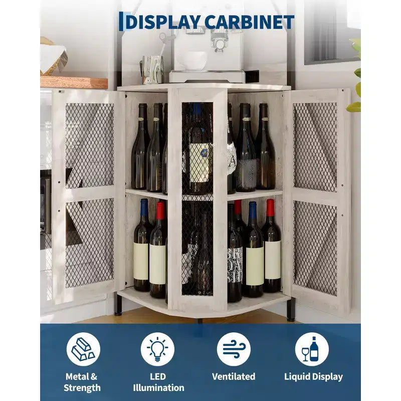 Meuble d'angle de bar avec lumières LED, meuble d'angle avec prise, espace de rangement et casier à vin amovible, meuble à café de style ferme pour salle à manger