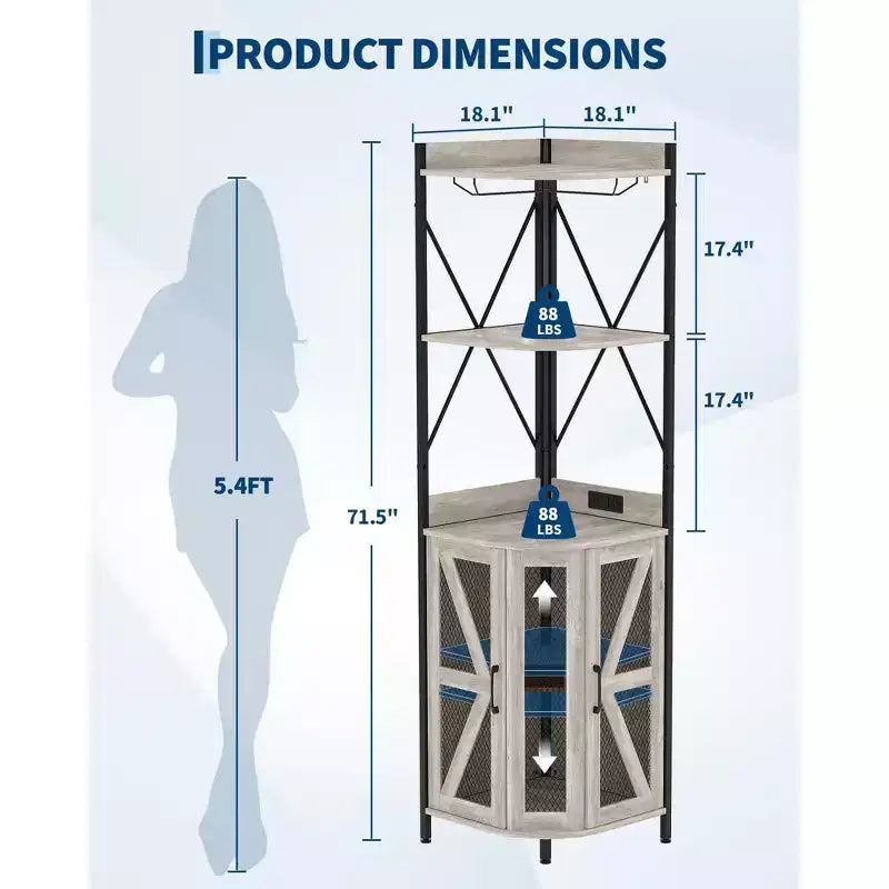 Meuble d'angle de bar avec lumières LED, meuble d'angle avec prise, espace de rangement et casier à vin amovible, meuble à café de style ferme pour salle à manger