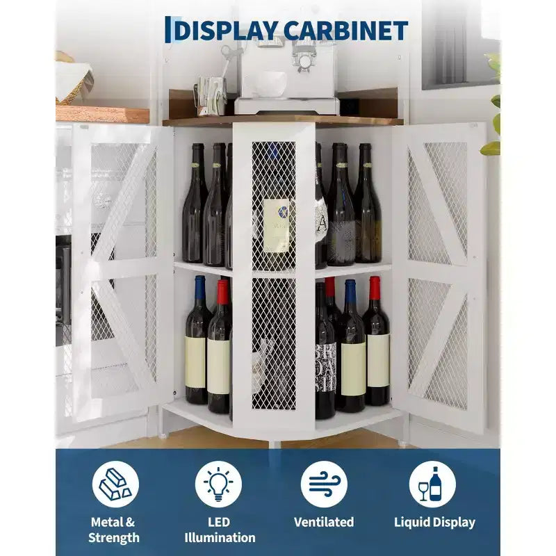 Meuble d'angle de bar avec lumières LED, meuble d'angle avec prise, espace de rangement et casier à vin amovible, meuble à café de style ferme pour salle à manger