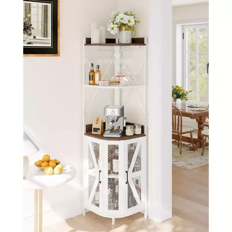 Meuble d'angle de bar avec lumières LED, meuble d'angle avec prise, espace de rangement et casier à vin amovible, meuble à café de style ferme pour salle à manger