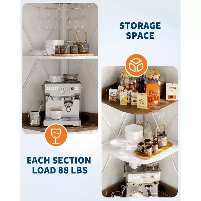 Meuble d'angle de bar avec lumières LED, meuble d'angle avec prise, espace de rangement et casier à vin amovible, meuble à café de style ferme pour salle à manger
