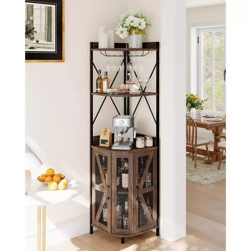 Meuble d'angle de bar avec lumières LED, meuble d'angle avec prise, espace de rangement et casier à vin amovible, meuble à café de style ferme pour salle à manger