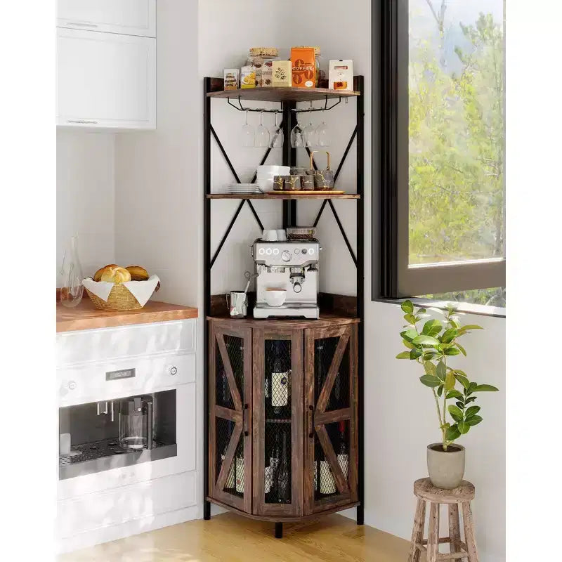 Meuble d'angle de bar avec lumières LED, meuble d'angle avec prise, espace de rangement et casier à vin amovible, meuble à café de style ferme pour salle à manger