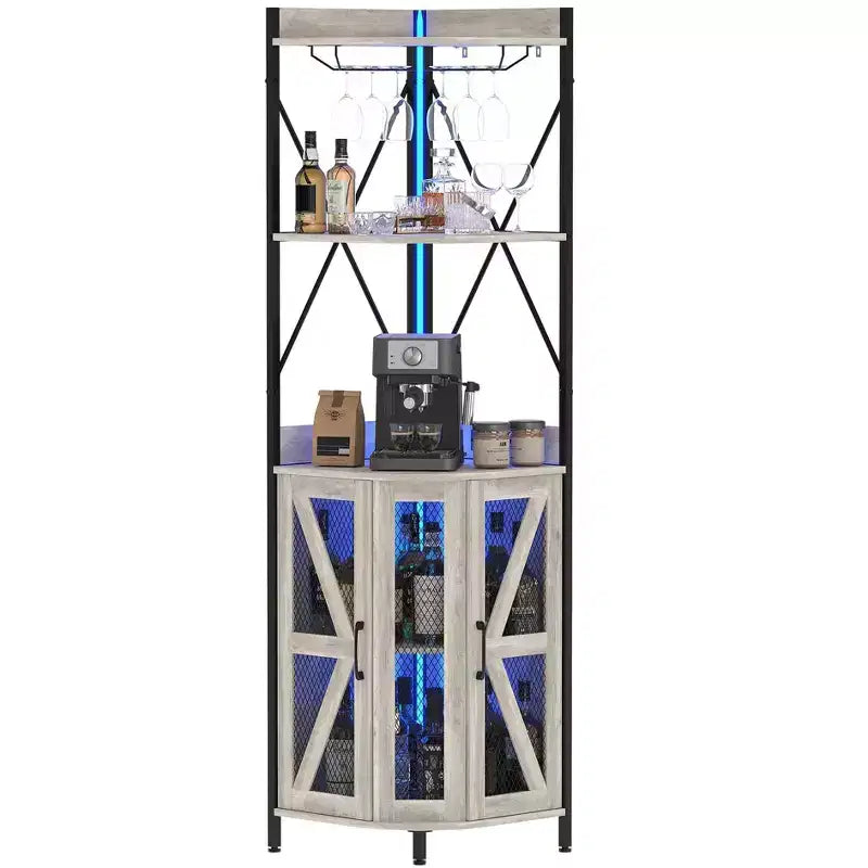 Mobile Bar Angolare con Luci a LED, Mobile ad Angolo con Presa, Spazio di Archiviazione e Portabottiglie Rimovibile, Mobile Caffè in Stile Rustico per Sala da Pranzo