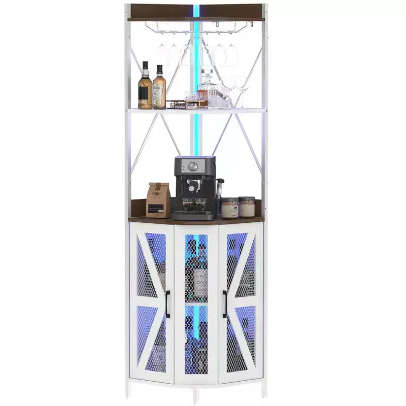 Corner Bar Cabinet with Led Lights,Corner Cabinet with Outlet, Storage Space and Detachable Wine Rack, Farmhouse Style Coffee Cabinet for Dining Room