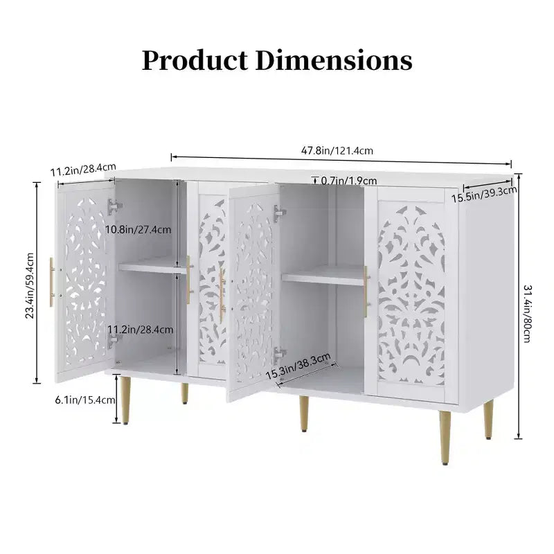 47,8 Mobile Buffet a 4 Ante, Credenza Vintage Intagliata in Legno con Intaglio Vuoto, Credenza Contenitore per Soggiorno, Sala da Pranzo, Ingresso