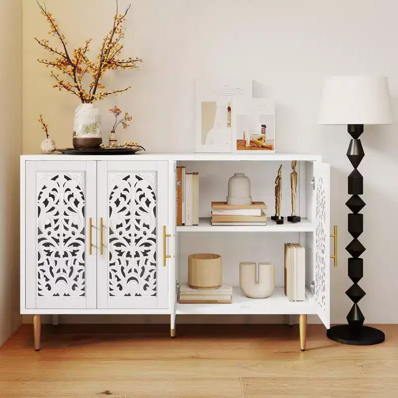 47,8 Mobile Buffet a 4 Ante, Credenza Vintage Intagliata in Legno con Intaglio Vuoto, Credenza Contenitore per Soggiorno, Sala da Pranzo, Ingresso