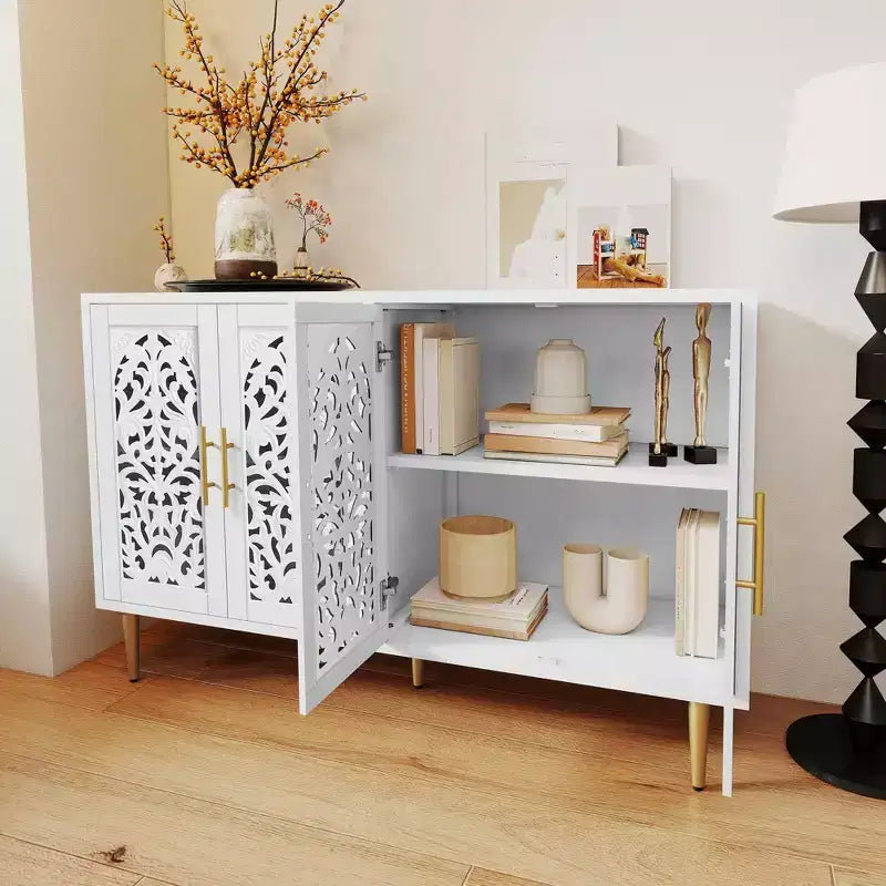 47,8 Mobile Buffet a 4 Ante, Credenza Vintage Intagliata in Legno con Intaglio Vuoto, Credenza Contenitore per Soggiorno, Sala da Pranzo, Ingresso
