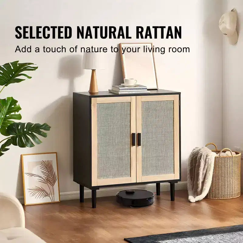Meuble de rangement en rotin avec 2 portes magnétiques et étagères réglables Buffet Noir