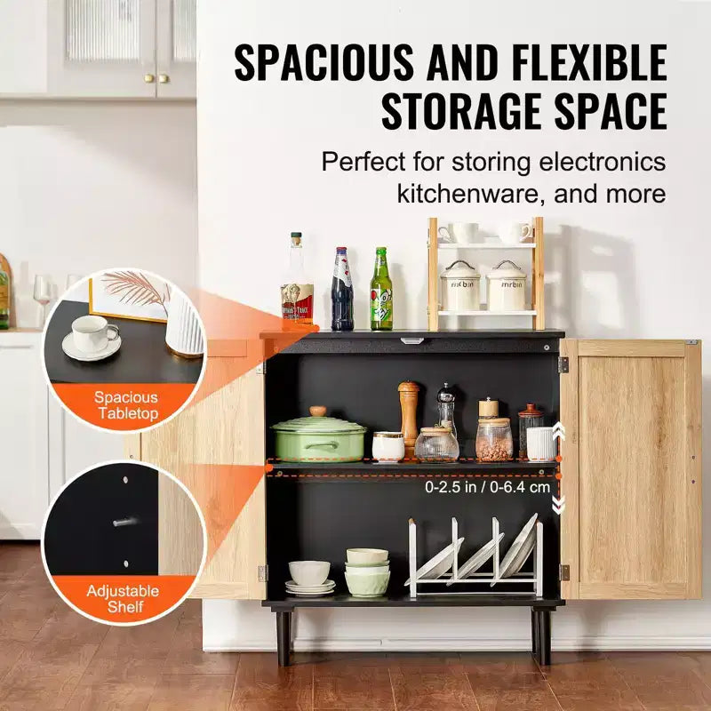 Meuble de rangement en rotin avec 2 portes magnétiques et étagères réglables Buffet Noir