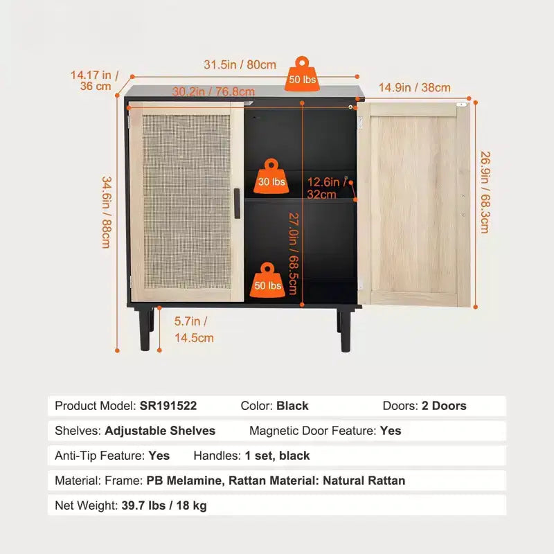 Meuble de rangement en rotin avec 2 portes magnétiques et étagères réglables Buffet Noir