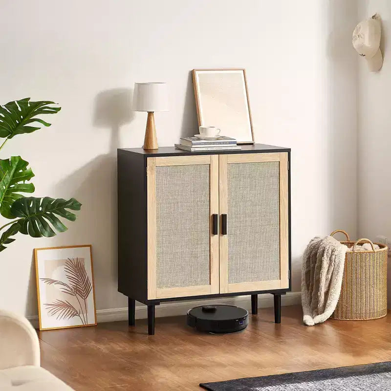 Meuble de rangement en rotin avec 2 portes magnétiques et étagères réglables Buffet Noir
