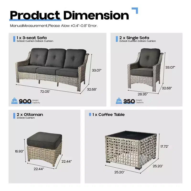 HOMLUX Set da conversazione in vimini da 6 pezzi per patio, divano a 3 posti con cuscino, sedie in rattan, pouf, tavolino da caffè