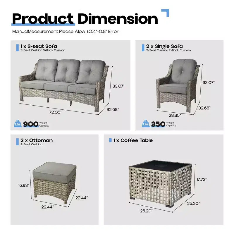 HOMLUX Set da conversazione in vimini da 6 pezzi per patio, divano a 3 posti con cuscino, sedie in rattan, pouf, tavolino da caffè