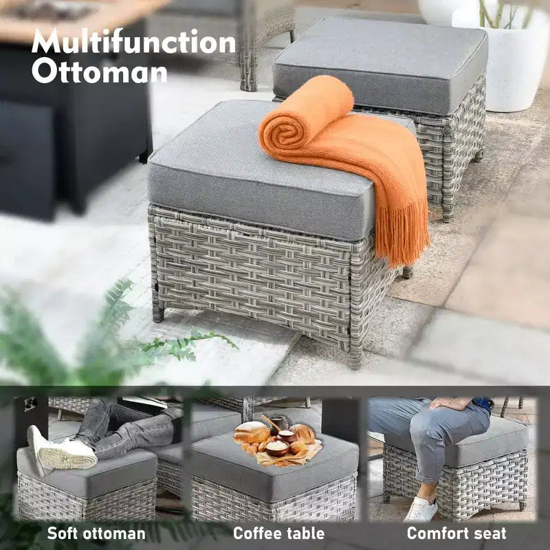 HOMLUX Set da conversazione in vimini da 6 pezzi per patio, divano a 3 posti con cuscino, sedie in rattan, pouf, tavolino da caffè