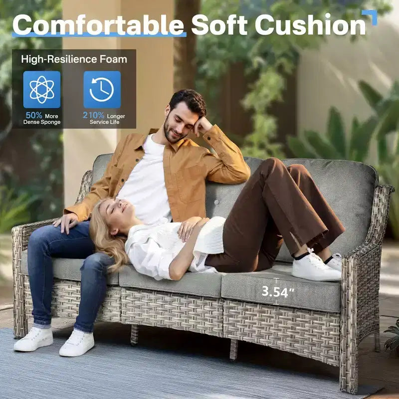 HOMLUX Set da conversazione in vimini da 6 pezzi per patio, divano a 3 posti con cuscino, sedie in rattan, pouf, tavolino da caffè