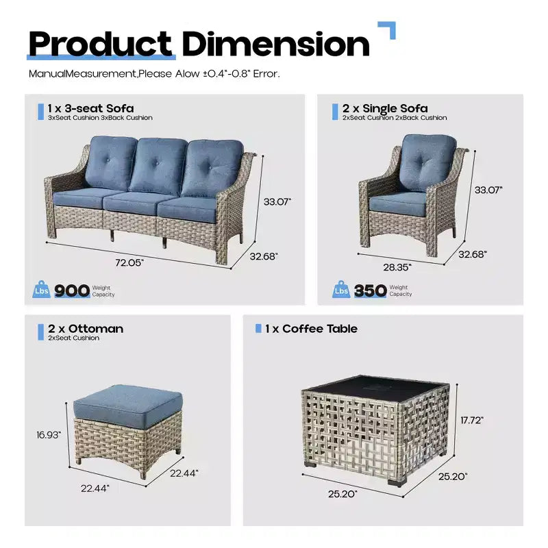 HOMLUX Set da conversazione in vimini da 6 pezzi per patio, divano a 3 posti con cuscino, sedie in rattan, pouf, tavolino da caffè