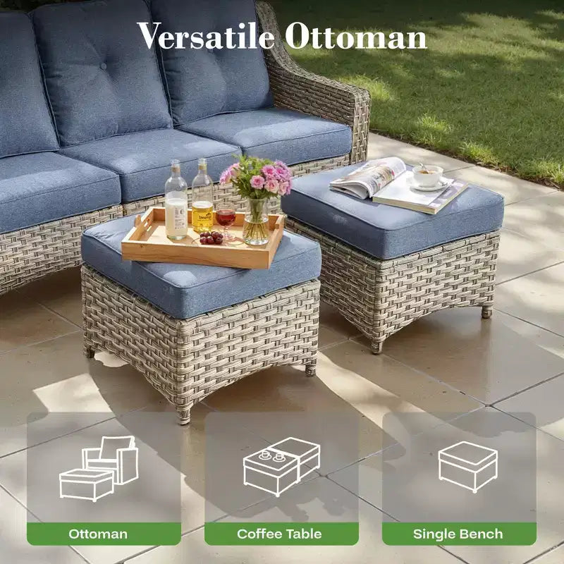 HOMLUX Set da conversazione in vimini da 6 pezzi per patio, divano a 3 posti con cuscino, sedie in rattan, pouf, tavolino da caffè