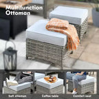 HOMLUX Set da conversazione in vimini da 6 pezzi per patio, divano a 3 posti con cuscino, sedie in rattan, pouf, tavolino da caffè
