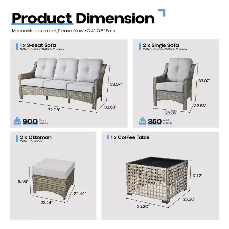 HOMLUX Set da conversazione in vimini da 6 pezzi per patio, divano a 3 posti con cuscino, sedie in rattan, pouf, tavolino da caffè