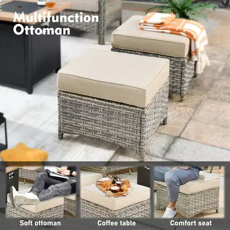 HOMLUX Set da conversazione in vimini da 6 pezzi per patio, divano a 3 posti con cuscino, sedie in rattan, pouf, tavolino da caffè