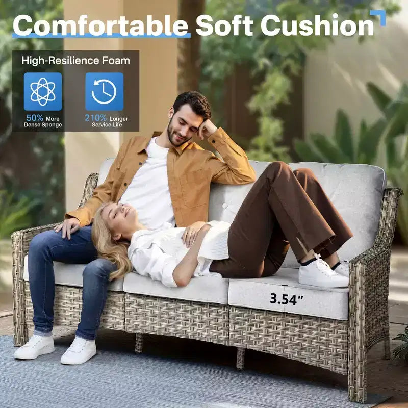 HOMLUX Set da conversazione in vimini da 6 pezzi per patio, divano a 3 posti con cuscino, sedie in rattan, pouf, tavolino da caffè