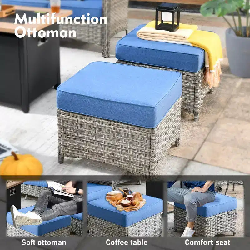 HOMLUX Set da conversazione in vimini da 6 pezzi per patio, divano a 3 posti con cuscino, sedie in rattan, pouf, tavolino da caffè