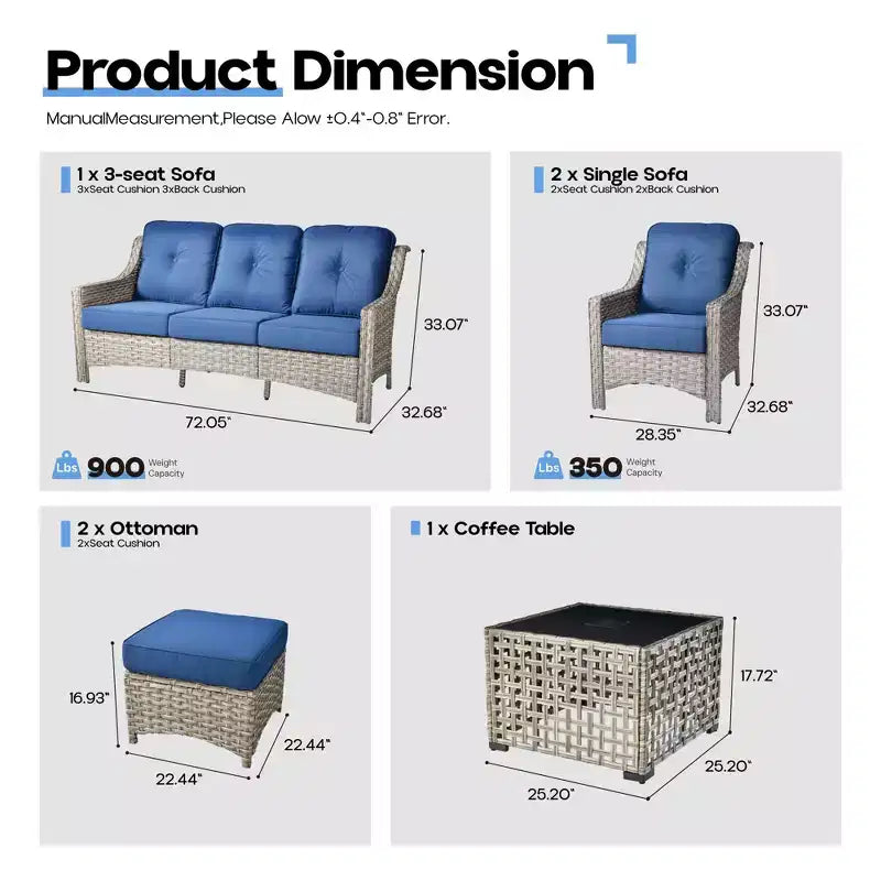 HOMLUX Set da conversazione in vimini da 6 pezzi per patio, divano a 3 posti con cuscino, sedie in rattan, pouf, tavolino da caffè