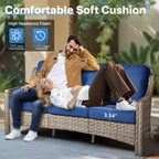 HOMLUX Set da conversazione in vimini da 6 pezzi per patio, divano a 3 posti con cuscino, sedie in rattan, pouf, tavolino da caffè