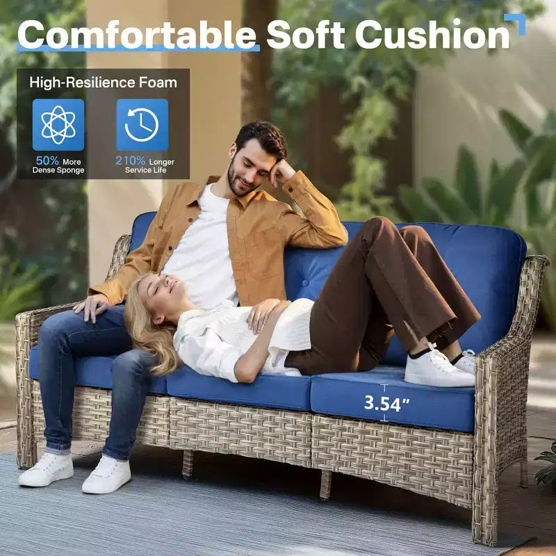 HOMLUX Set da conversazione in vimini da 6 pezzi per patio, divano a 3 posti con cuscino, sedie in rattan, pouf, tavolino da caffè