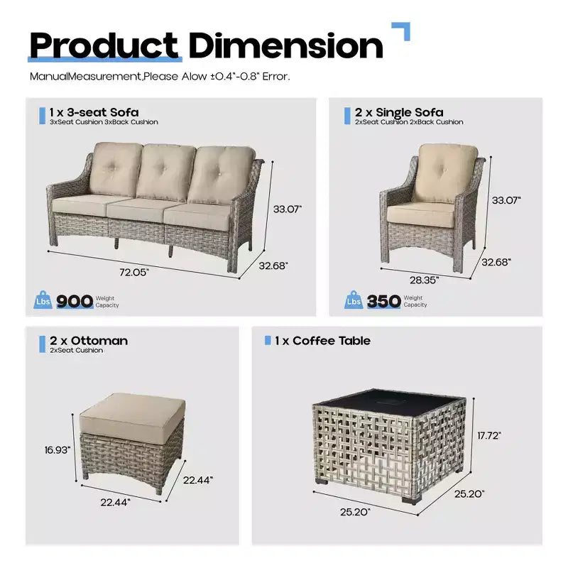 HOMLUX Set da conversazione in vimini da 6 pezzi per patio, divano a 3 posti con cuscino, sedie in rattan, pouf, tavolino da caffè