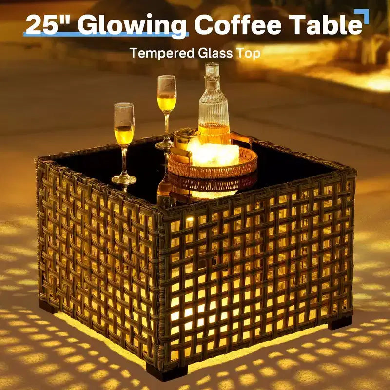 HOMLUX Set da conversazione in vimini da 6 pezzi per patio, divano a 3 posti con cuscino, sedie in rattan, pouf, tavolino da caffè