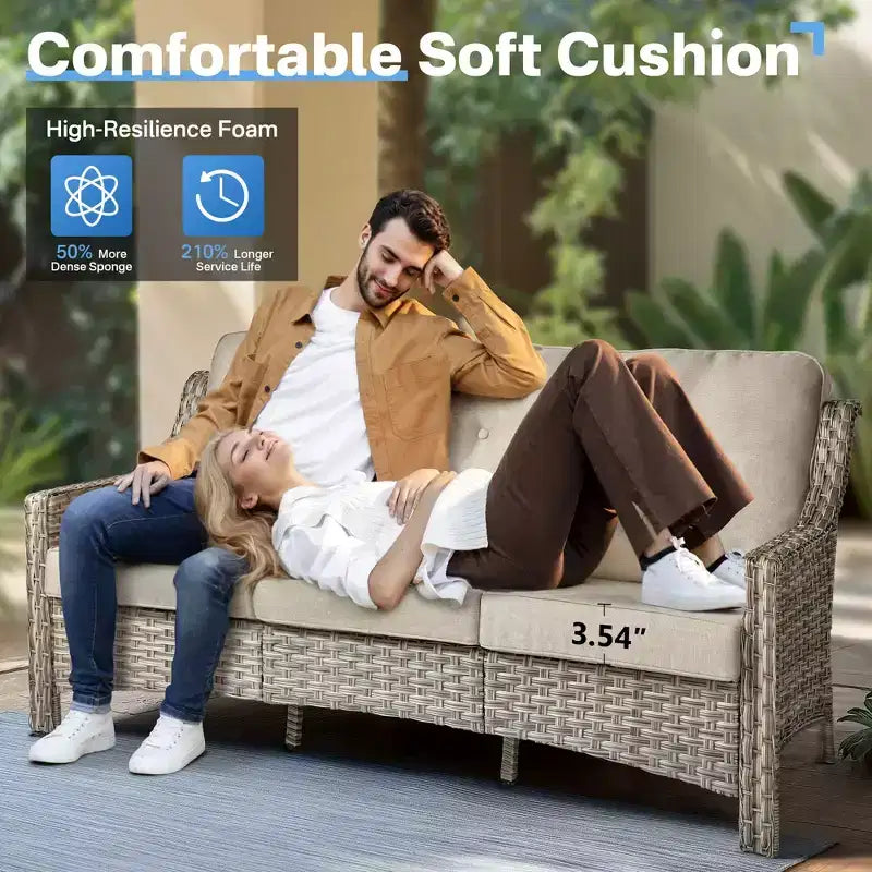 HOMLUX Set da conversazione in vimini da 6 pezzi per patio, divano a 3 posti con cuscino, sedie in rattan, pouf, tavolino da caffè