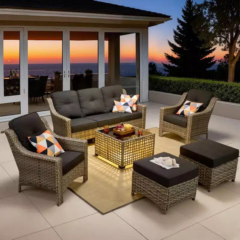 HOMLUX Set da conversazione in vimini da 6 pezzi per patio, divano a 3 posti con cuscino, sedie in rattan, pouf, tavolino da caffè
