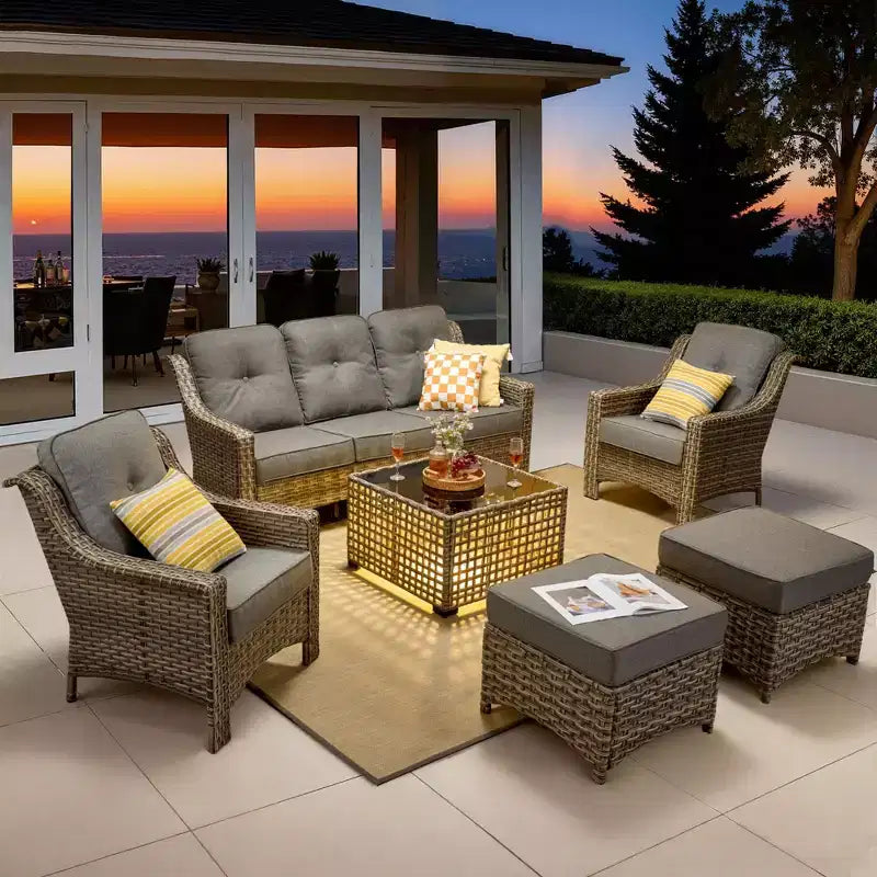 HOMLUX Set da conversazione in vimini da 6 pezzi per patio, divano a 3 posti con cuscino, sedie in rattan, pouf, tavolino da caffè