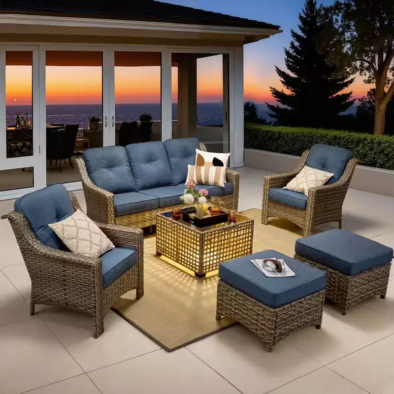 HOMLUX Set da conversazione in vimini da 6 pezzi per patio, divano a 3 posti con cuscino, sedie in rattan, pouf, tavolino da caffè