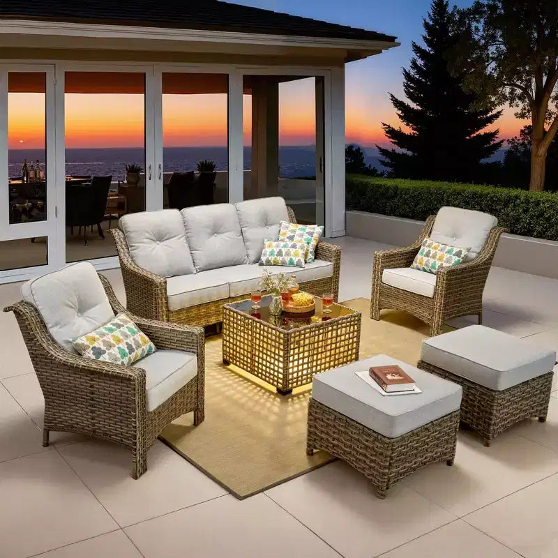 HOMLUX Set da conversazione in vimini da 6 pezzi per patio, divano a 3 posti con cuscino, sedie in rattan, pouf, tavolino da caffè