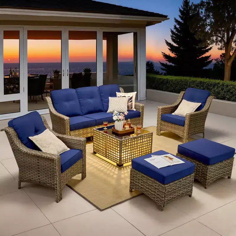 HOMLUX Set da conversazione in vimini da 6 pezzi per patio, divano a 3 posti con cuscino, sedie in rattan, pouf, tavolino da caffè