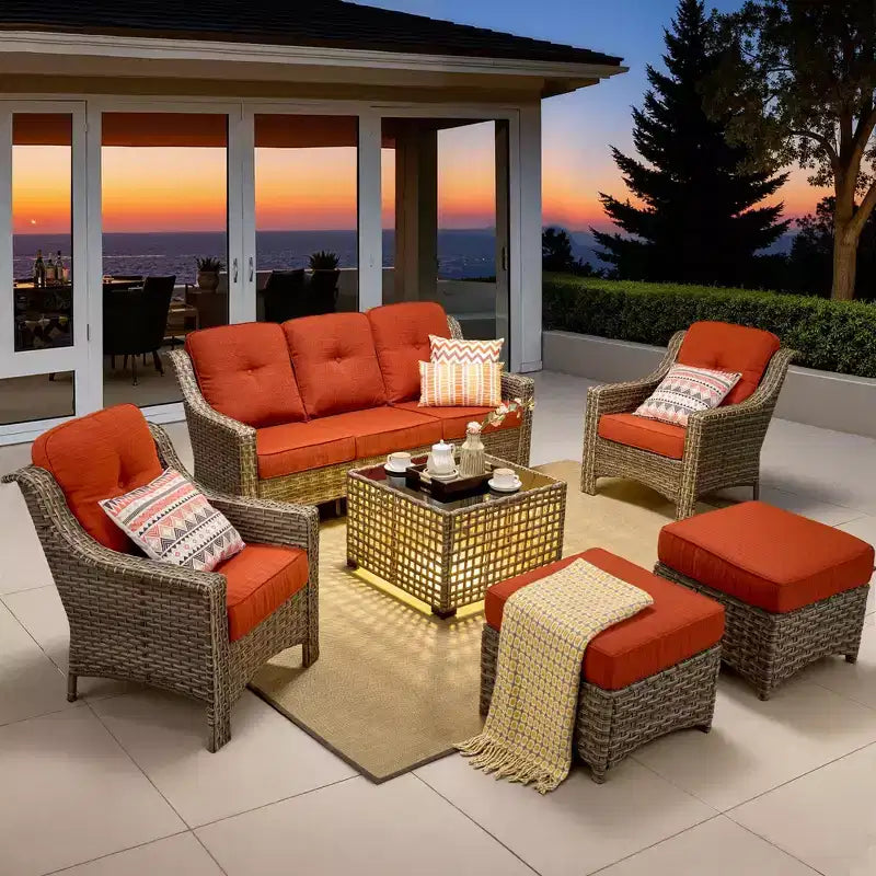 HOMLUX Set da conversazione in vimini da 6 pezzi per patio, divano a 3 posti con cuscino, sedie in rattan, pouf, tavolino da caffè