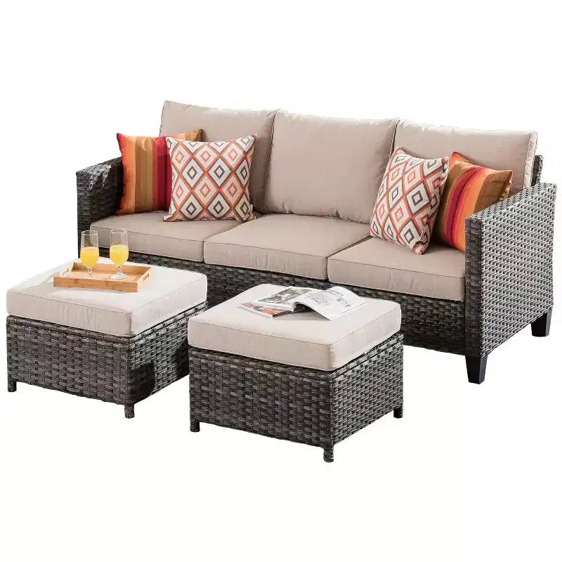 Set conversazione da esterno a 3 posti HOMLUX, divano da esterno in vimini per balcone, patio, giardino