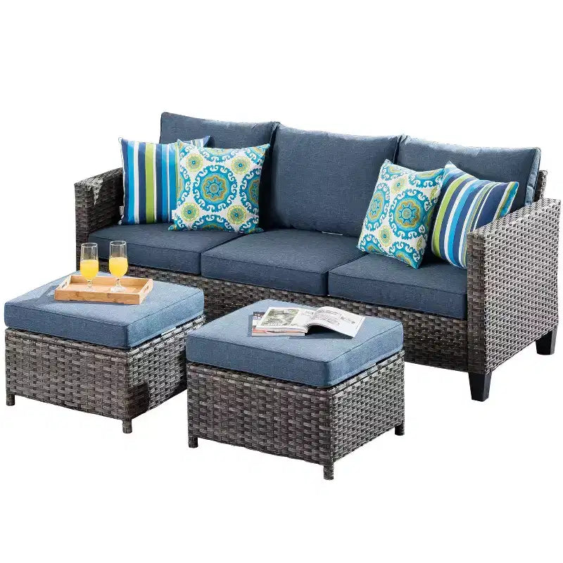 Set conversazione da esterno a 3 posti HOMLUX, divano da esterno in vimini per balcone, patio, giardino